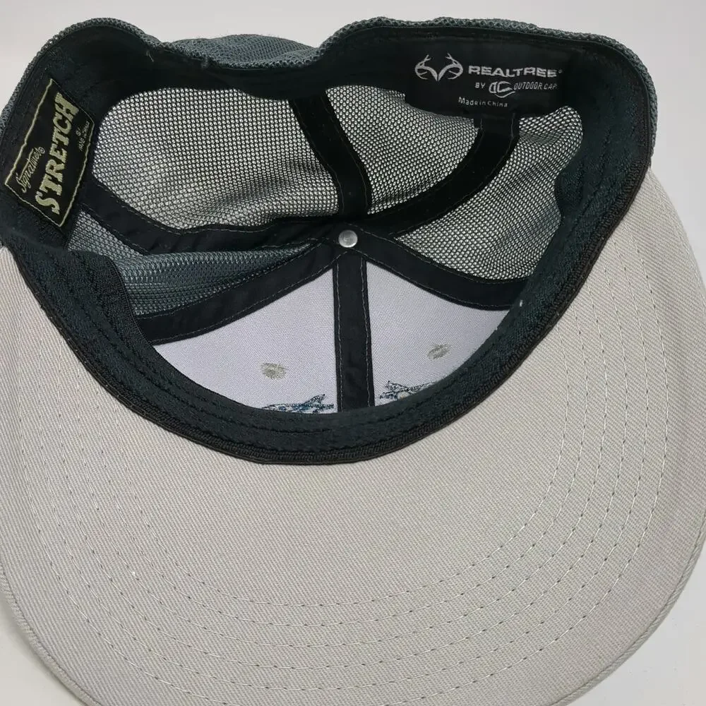 Realtree Baseball Cap Gray Blue M Fishing Hook Logo Mesh Back Stretch Fitted Hat